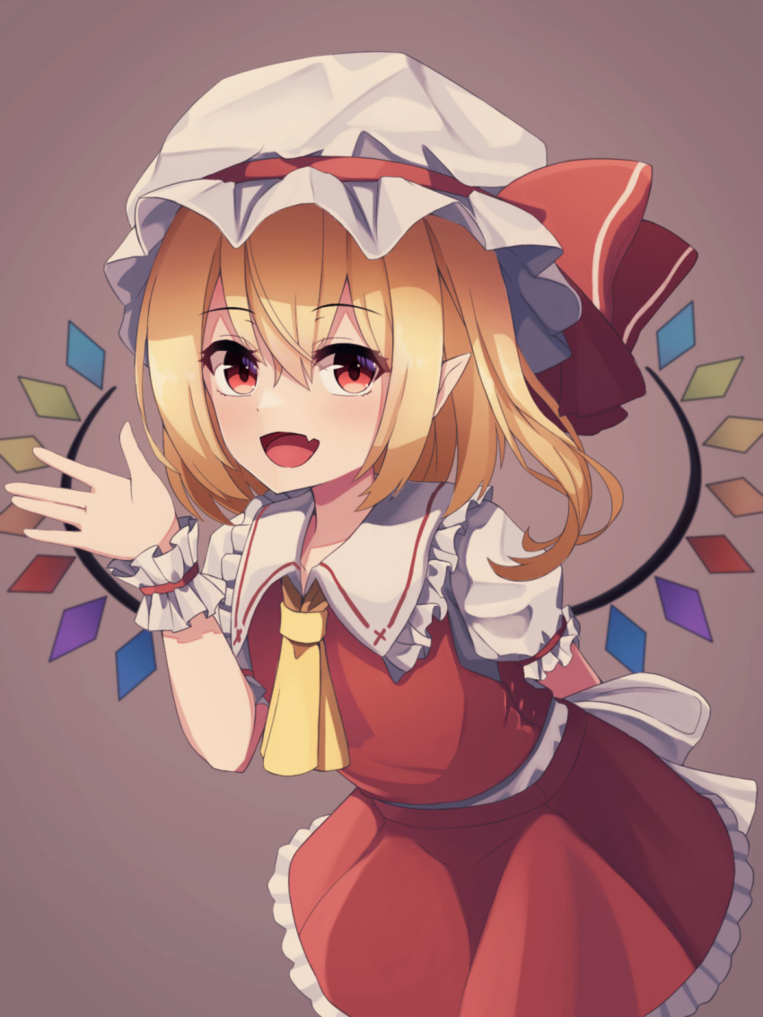 1girl ascot back_bow blonde_hair bow collared_shirt cowboy_shot fang flandre_scarlet frilled_shirt_collar frilled_skirt frills hair_between_eyes hat hat_bow hat_ribbon highres leaning_forward light_smile looking_at_viewer medium_hair mob_cap multicolored_wings one_side_up open_mouth pointy_ears red_bow red_eyes red_ribbon red_skirt red_vest ribbon shirt simple_background skin_fang skirt solo totoraisu touhou vest white_bow white_headwear white_shirt wings wrist_cuffs yellow_ascot