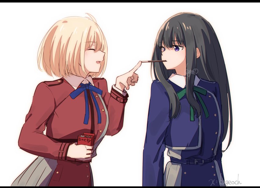 2girls arms_at_sides belt black_hair blonde_hair blue_belt blue_dress blue_ribbon bob_cut closed_eyes collared_shirt commentary_request cowboy_shot dress expressionless facing_another food food_in_mouth green_ribbon grey_dress hands_up highres holding holding_food holding_pocky inoue_takina kage_ochi long_hair long_sleeves looking_at_another lycoris_recoil lycoris_uniform multiple_girls neck_ribbon nishikigi_chisato open_mouth pleated_dress pocky pocky_in_mouth red_dress ribbon shirt short_hair simple_background smile standing two-tone_dress violet_eyes white_background white_shirt