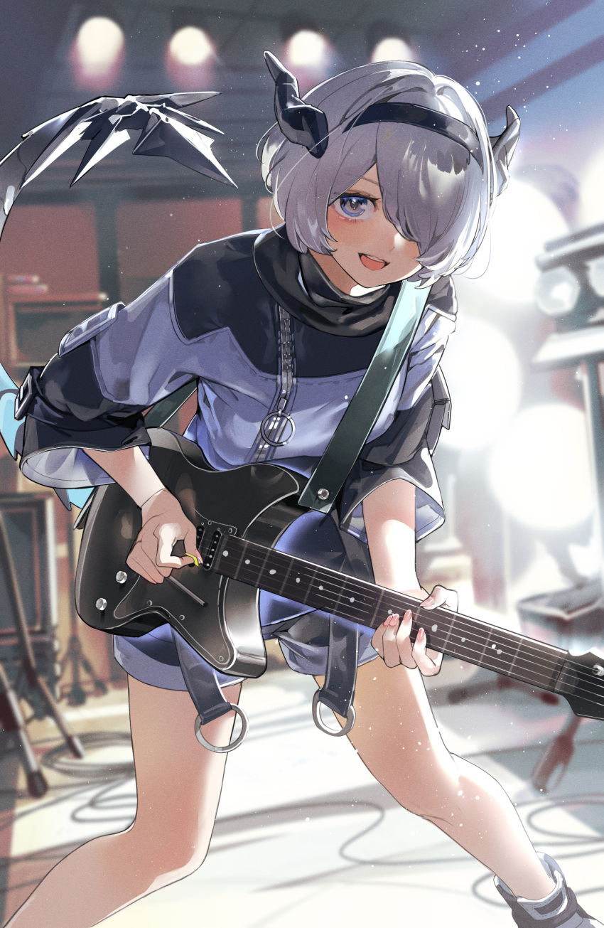 1girl black_hairband blue_eyes blue_shirt blue_shorts blurry blurry_background blush cable commentary dragon_girl dragon_horns dragon_tail film_grain grey_hair guitar hair_over_one_eye hairband highres holding holding_instrument holding_plectrum horns indoors instrument light_particles looking_at_viewer nik_ibi open_mouth original playing_guitar plectrum shirt short_hair shorts sleeves_past_elbows solo stage_lights standing symbol-only_commentary tail teeth upper_teeth_only zipper zipper_pull_tab