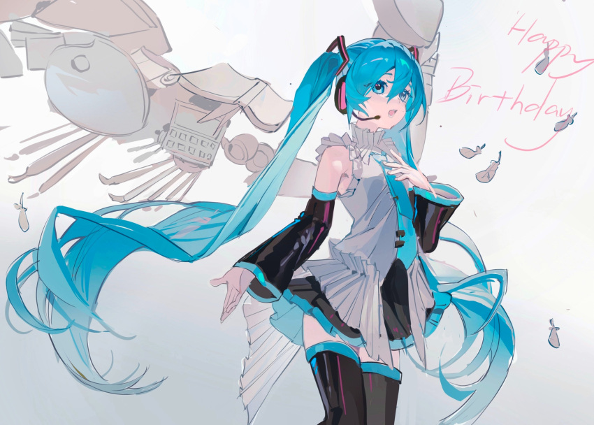 1girl :d black_skirt black_sleeves black_thighhighs blue_eyes blue_hair blue_necktie collared_shirt cowboy_shot detached_sleeves falling_leaves floating_hair frilled_shirt frills from_side hair_between_eyes hair_ornament hand_on_own_chest happy_birthday hatsune_miku hatsune_miku_happy_16th_birthday_-dear_creators- headset highres leaf long_sleeves looking_ahead microphone miniskirt necktie neonneon321 open_hand open_mouth paintbrush palette_(object) pleated_skirt shirt sidelocks simple_background sketchbook skirt sleeveless sleeveless_shirt smile solo teeth thigh-highs tie_clip vocaloid white_background white_shirt zettai_ryouiki