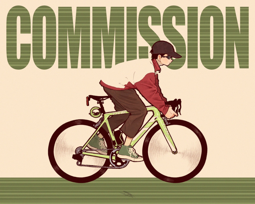 ambiguous_gender bicycle black_hair black_headwear blending brown_pants commission copyright_request goggles green_footwear highres long_sleeves pants riding riding_bicycle shoes short_hair solo syooooyoooo