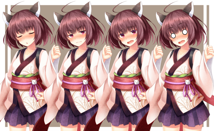0_0 1girl animal_ears blue_hakama blue_skirt blush border brown_background brown_cat brown_hair cat_ears clenched_hand closed_eyes closed_mouth commentary_request cowboy_shot frown full-face_blush hakama hakama_short_skirt hakama_skirt japanese_clothes kimono long_sleeves obi open_mouth outside_border parted_lips purple_ribbon raised_eyebrows red_eyes red_sash ribbon sash shiroino_(shirayuki_mutsuki) short_hair short_kimono skirt sleeves_past_wrists tachi-e touhoku_kiritan variations voiceroid waist_ribbon wavy_mouth white_border white_kimono white_sleeves wide_sleeves yukata