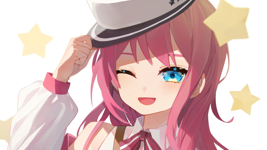 1girl blue_eyes blush cjsdh1000 collared_shirt hand_on_headwear hat highres long_hair long_sleeves looking_at_viewer one_eye_closed open_mouth pink_hair shii_(siixtar_gate) shirt simple_background sixtar_gate solo star_(symbol) upper_body white_background white_headwear white_shirt