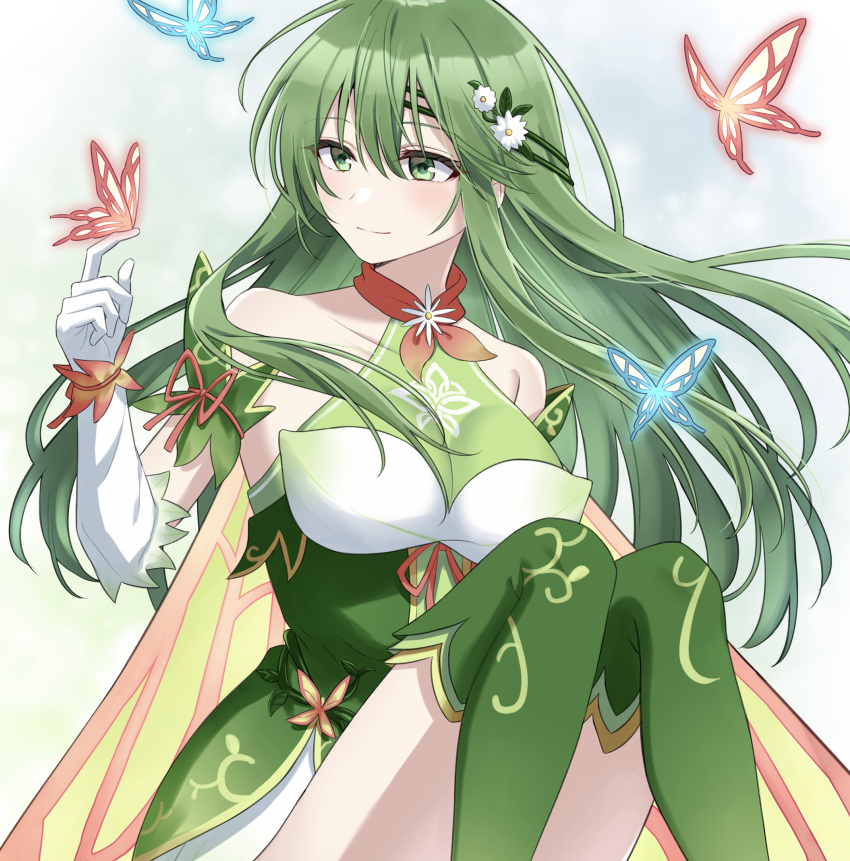 1girl absurdres bare_shoulders boots breasts bug butterfly butterfly_on_hand closed_mouth dress elbow_gloves fire_emblem fire_emblem:_mystery_of_the_emblem fire_emblem_heroes gloves green_dress green_eyes green_footwear green_hair hair_between_eyes headband highres long_hair official_alternate_costume palla_(fire_emblem) palla_(resplendent)_(fire_emblem) shinae smile thigh_boots white_gloves