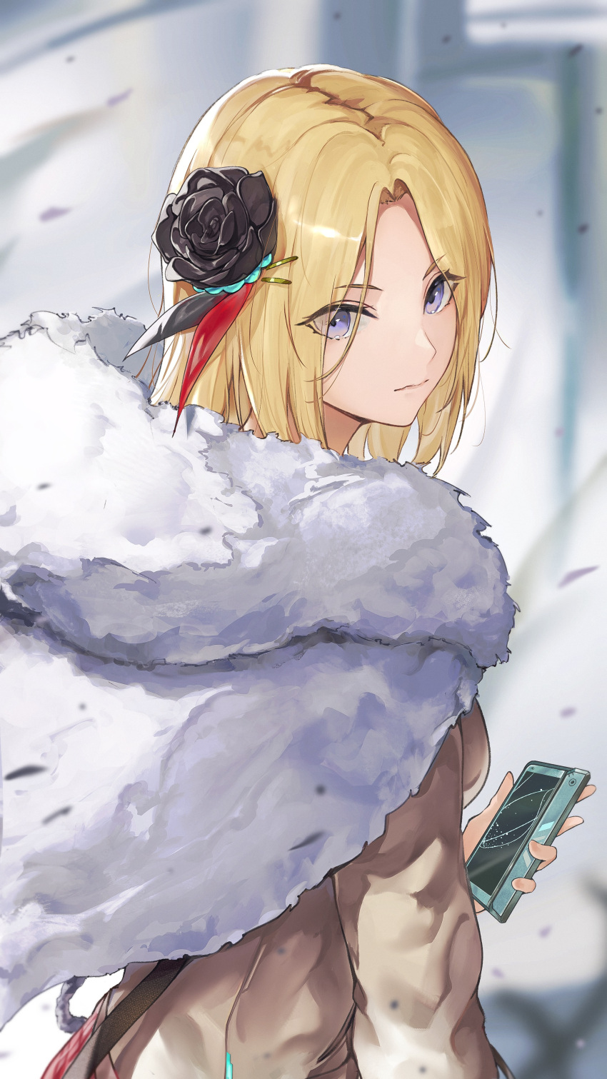 1girl absurdres black_flower black_rose blonde_hair brown_shirt cape cellphone closed_mouth flower from_behind fur-trimmed_cape fur_trim hair_flower hair_ornament heaven_burns_red highres holding holding_phone long_sleeves looking_at_viewer marumoru medium_hair minase_ichigo parted_bangs phone rose second-party_source shirt smartphone solo upper_body violet_eyes