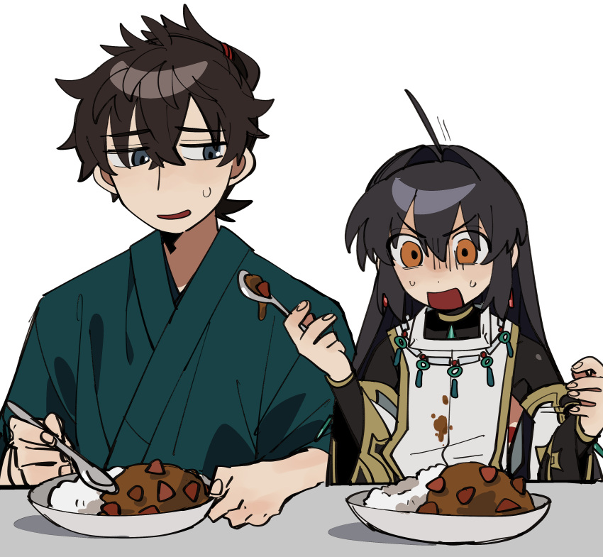 1boy 1other absurdres ahoge black_hair brown_eyes curry curry_rice earrings fate/grand_order fate/samurai_remnant fate_(series) food food_on_clothes grey_eyes highres japanese_clothes jewelry kimono long_hair miyamoto_iori_(fate) plate rice spoon uotsu_(sabakou) white_background yamato_takeru_(fate) yamato_takeru_(third_ascension)_(fate)
