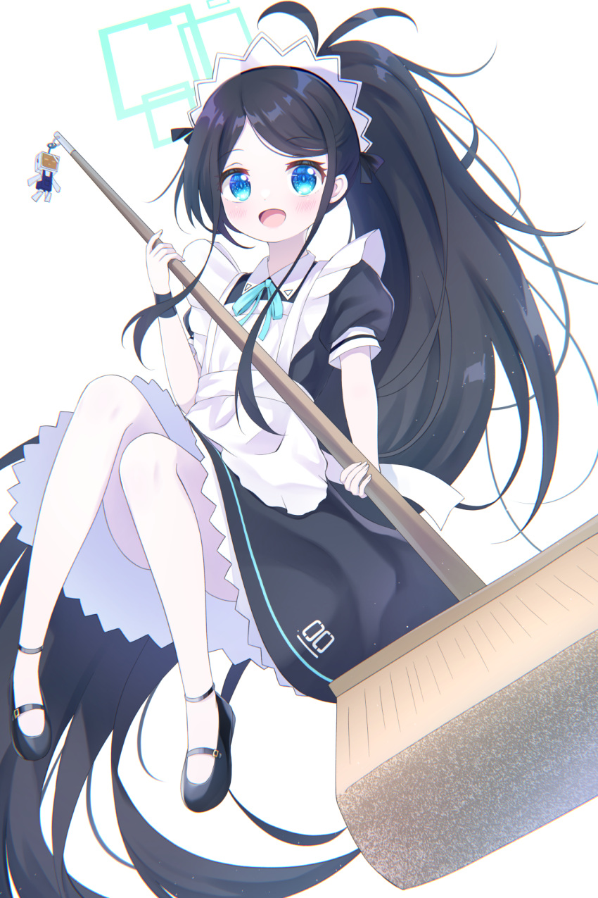 &lt;key&gt;_(robot)_(blue_archive) 1girl absurdly_long_hair apron aqua_halo aris_(blue_archive) aris_(maid)_(blue_archive) black_footwear black_hair black_wristband blue_archive blue_eyes broom full_body halo high_ponytail highres holding holding_broom long_hair maid maid_apron maid_headdress pantyhose solo square_halo very_long_hair white_apron white_pantyhose yottacc