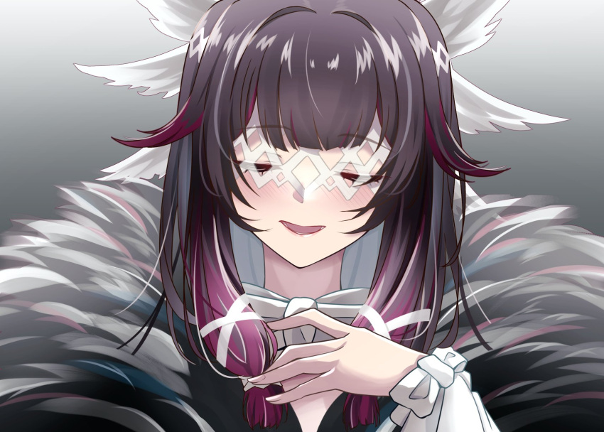 1girl black_hair bow bowtie columbina_(genshin_impact) eye_mask facing_viewer fur_trim genshin_impact gradient_background grey_background hand_on_own_chest hand_up highres medium_hair mon-chan multicolored_hair open_mouth portrait purple_hair simple_background smile solo streaked_hair two-tone_hair white_bow white_bowtie white_mask wing_hair_ornament wrist_bow