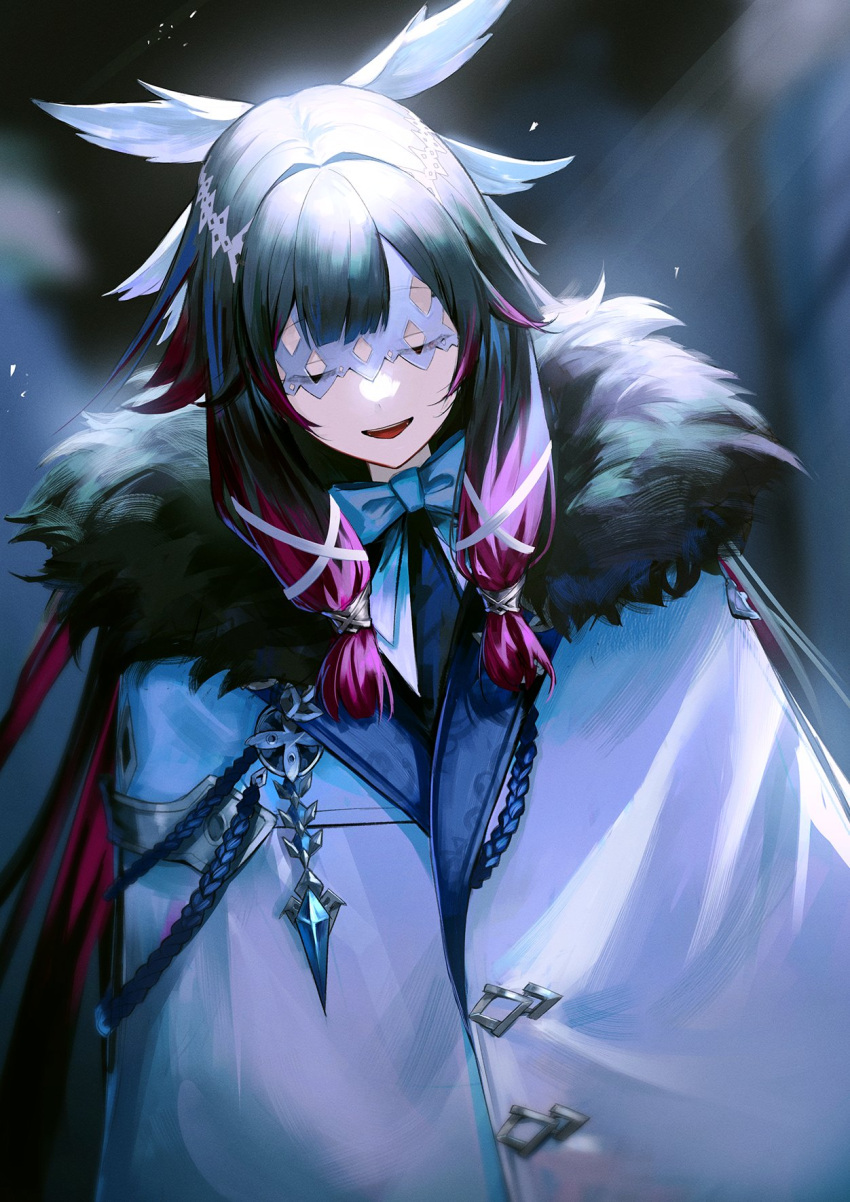 1girl aiguillette black_hair blurry blurry_background bow bowtie coat colored_tips columbina_(genshin_impact) dejio depth_of_field dutch_angle eye_mask facing_viewer fur-trimmed_coat fur_trim genshin_impact hair_ornament hair_tubes highres multicolored_hair parted_lips smile solo upper_body white_bow white_bowtie white_coat white_mask wing_hair_ornament x_hair_ornament