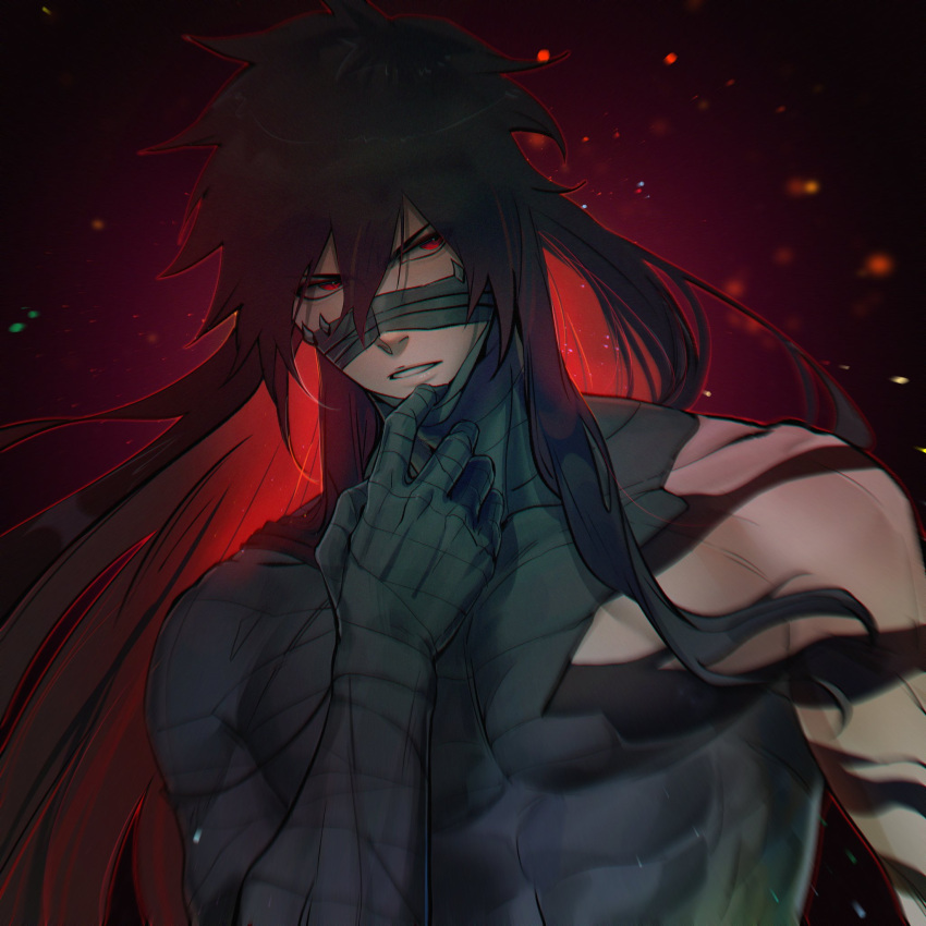 1boy abs alternate_form bandaged_hand bandages black_hair bleach colored_inner_hair hair_between_eyes highres kurosaki_ichigo light_particles long_hair looking_to_the_side male_focus mugetsu_form_(bleach) multicolored_hair nanoli21 official_alternate_eye_color official_alternate_hair_color official_alternate_hair_length official_alternate_hairstyle parted_lips red_eyes redhead simple_background solo toned toned_male two-tone_hair upper_body