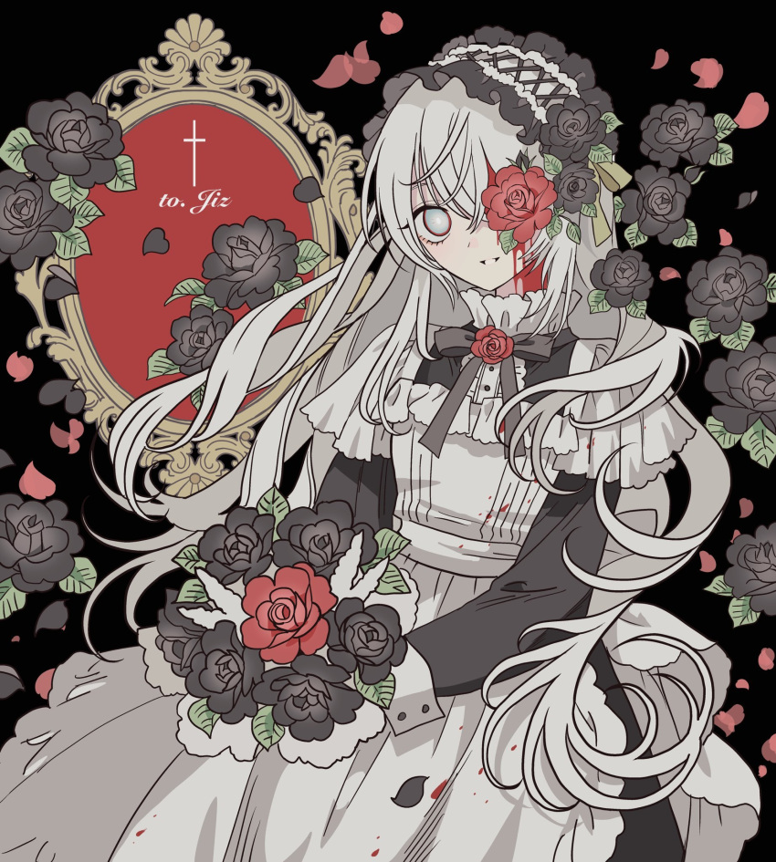 1boy black_background black_dress black_flower black_ribbon black_rose blood blood_on_face bouquet cowboy_shot dress floral_background flower frilled_dress frills gothic_lolita grey_eyes grey_hair hairband highres holding holding_bouquet lolita_fashion lolita_hairband long_hair long_sleeves looking_at_viewer male_focus meremero mirror neck_ribbon one_eye_covered original otoko_no_ko petals red_flower red_rose ribbon rose rose_petals second-party_source smile solo sophie_(jiz_(pffbq)) standing very_long_hair