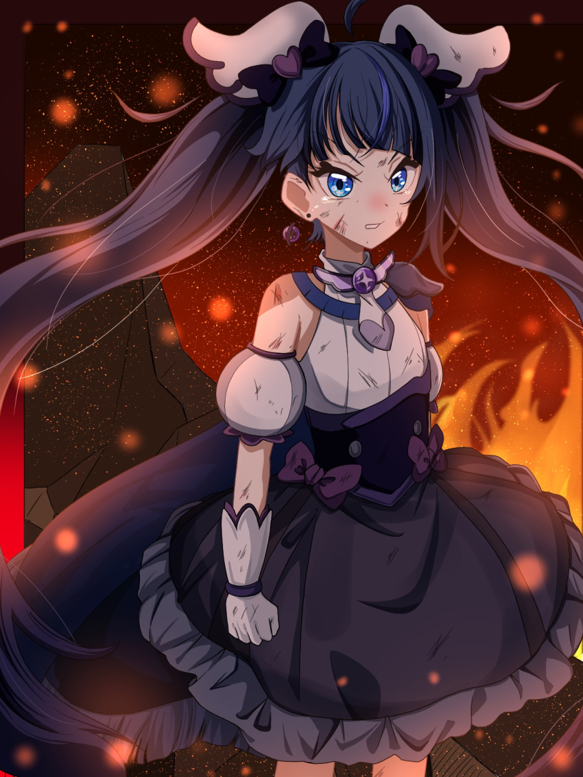 1girl akizora_(aki_precure) armor black_dress blue_eyes blue_hair brooch commentary cure_sky dark_persona detached_sleeves dirty dirty_clothes dirty_face dress earrings embers fire frilled_dress frills frown gloves grey_gloves highres hirogaru_sky!_precure jewelry long_hair magical_girl multicolored_hair pauldrons precure puffy_detached_sleeves puffy_sleeves short_dress shoulder_armor single_pauldron single_wing sleeveless sleeveless_dress solo sora_harewataru spiked_pauldrons standing streaked_hair tearing_up twintails very_long_hair wind wing_brooch wing_hair_ornament wings