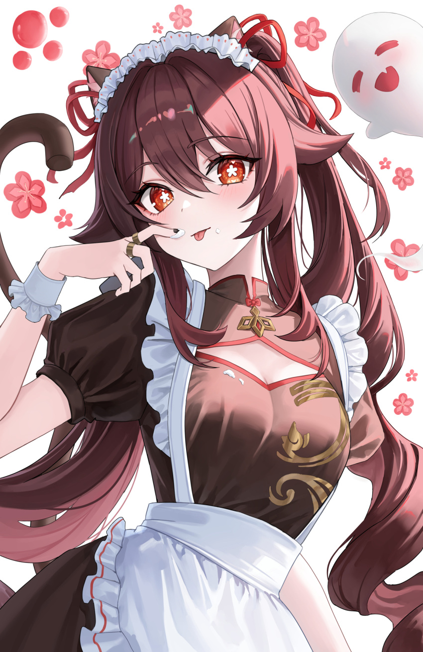 1girl alternate_costume animal_ears apron black_nails boo_tao_(genshin_impact) breasts brown_dress brown_hair cat_ears cat_girl cat_tail dress flower-shaped_pupils genshin_impact hair_between_eyes hairband highres hu_tao_(genshin_impact) long_hair maid maid_apron medium_breasts red_eyes sicle smile solo symbol-shaped_pupils tail tongue tongue_out twintails