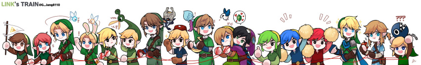 1girl 6+boys ? ?? absurdres animal_ear_hood animal_ears apple arms_up belt belt_bag belt_buckle black_eyes blonde_hair blue_cape blue_eyes blue_hair blue_shirt blue_sleeves brown_bag brown_belt brown_gloves brown_hair brown_shirt brown_sleeves buckle cape chain chain_chomp character_name chest_belt commentary_request creature eating english_text ezlo fairy fingerless_gloves flag food fruit g_jang8110 gloves green_headwear green_shirt green_tunic height_difference highres holding holding_creature holding_flag holding_funnel holding_pom_poms hood hug korean_commentary lineup link long_sleeves male_focus midna motion_lines multiple_boys navi notice_lines open_mouth orange_hair pointy_ears pointy_hat pom_pom_(cheerleading) rabbit-ear_hood rabbit_ears red_headwear red_shirt red_sleeves red_tunic redhead sharp_teeth shirt short_hair_with_long_locks short_ponytail simple_background smile speech_bubble string string_of_fate super_mario_bros. sword sword_on_back tatl teeth the_legend_of_zelda the_legend_of_zelda:_a_link_to_the_past the_legend_of_zelda:_breath_of_the_wild the_legend_of_zelda:_four_swords the_legend_of_zelda:_majora's_mask the_legend_of_zelda:_ocarina_of_time the_legend_of_zelda:_oracle_of_ages the_legend_of_zelda:_oracle_of_seasons the_legend_of_zelda:_skyward_sword the_legend_of_zelda:_spirit_tracks the_legend_of_zelda:_the_minish_cap the_legend_of_zelda:_the_wind_waker the_legend_of_zelda:_twilight_princess the_legend_of_zelda_(nes) time_paradox toon_link twitter_username upper_body weapon weapon_on_back white_background white_shirt wide_image young_link zelda_ii:_the_adventure_of_link