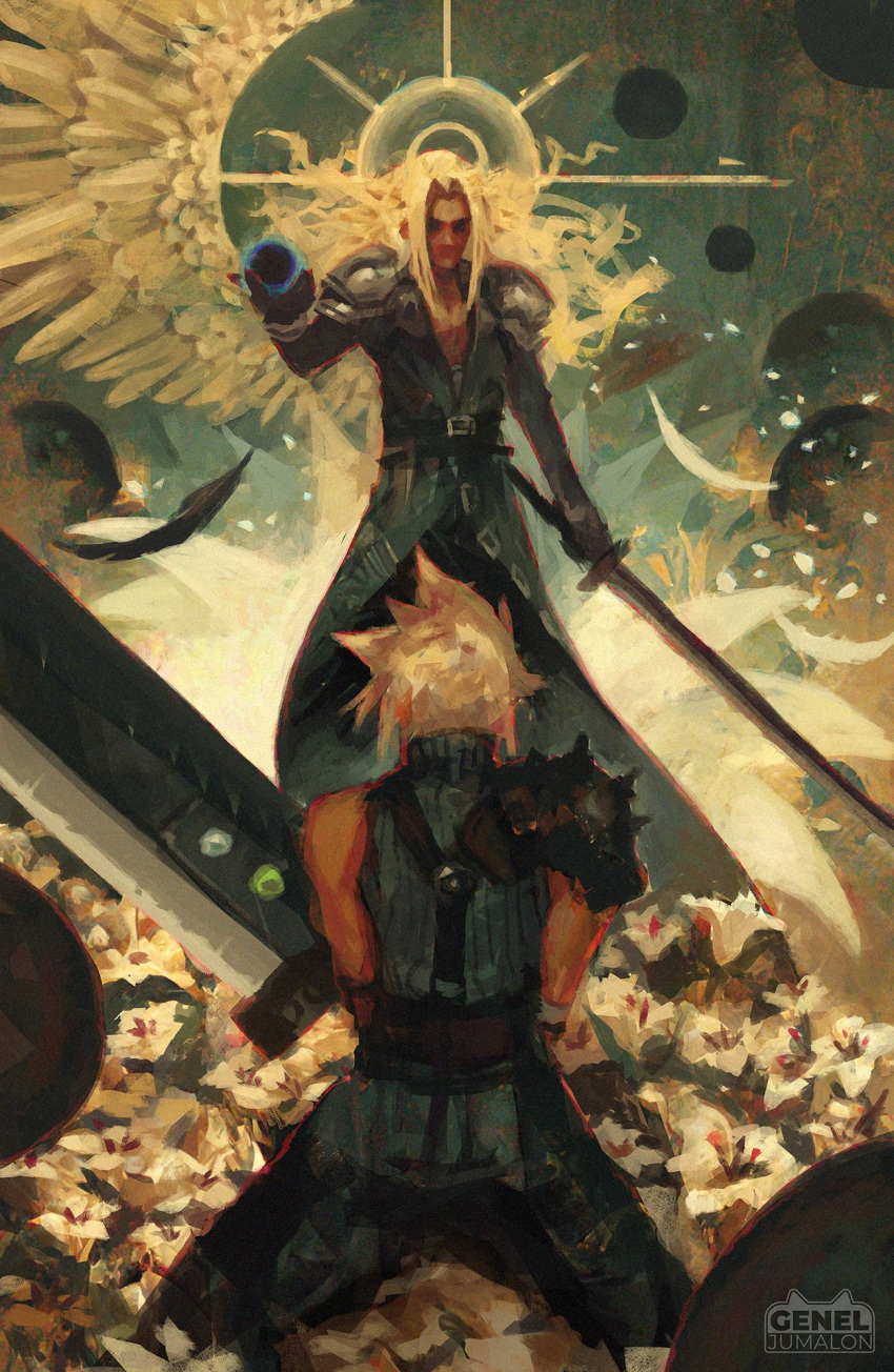 2boys abstract_background armor black_coat black_feathers black_gloves black_materia black_pants blonde_hair buster_sword cloud_strife coat commentary english_commentary feathered_wings feathers final_fantasy final_fantasy_vii flower flower_bed from_behind genel_jumalon gloves halo hand_up highres holding holding_orb holding_sword holding_weapon katana leather_belt long_coat long_hair long_sleeves male_focus multiple_boys orb pants parted_bangs pauldrons sephiroth short_hair shoulder_armor single_pauldron single_wing sleeveless sleeveless_turtleneck spiky_hair standing suspenders sword turtleneck upper_body watermark weapon white_feathers white_flower white_hair wings