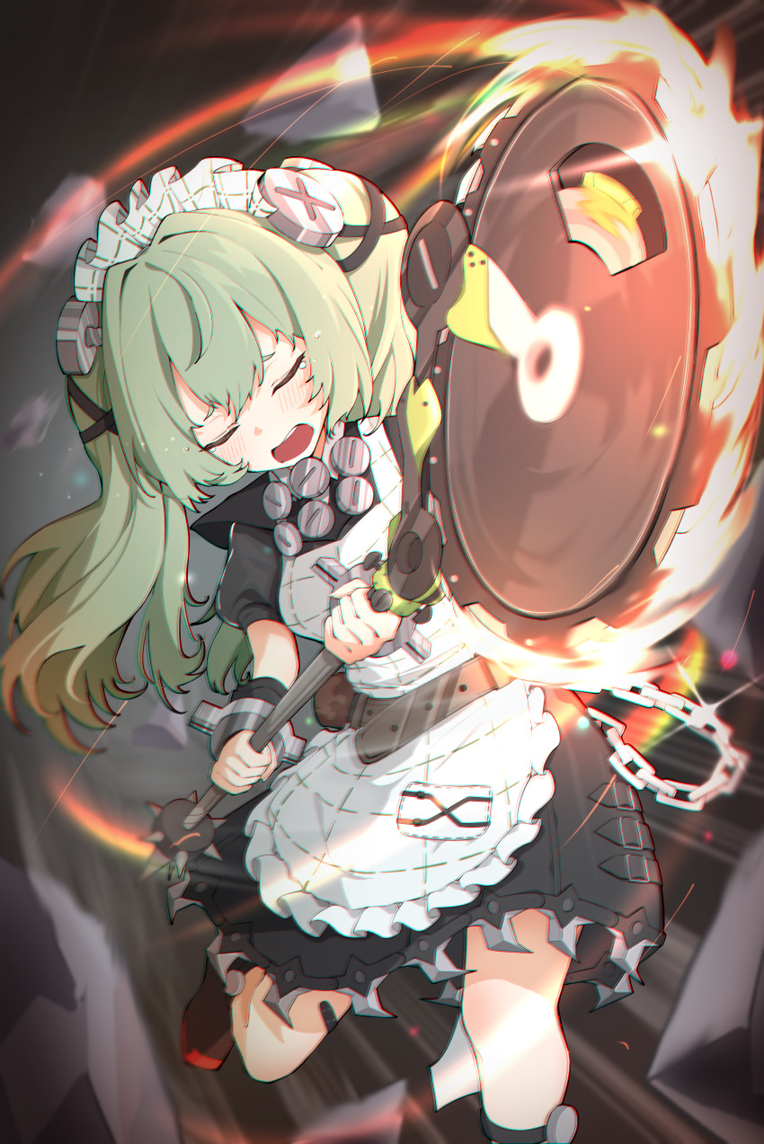 1girl absurdres apron belt black_dress chain chainsaw chromatic_aberration closed_eyes commentary corin_wickes dress green_hair high_belt highres holding holding_weapon long_hair lpleader maid_apron maid_headdress motion_blur open_mouth puffy_short_sleeves puffy_sleeves short_sleeves solo weapon zenless_zone_zero