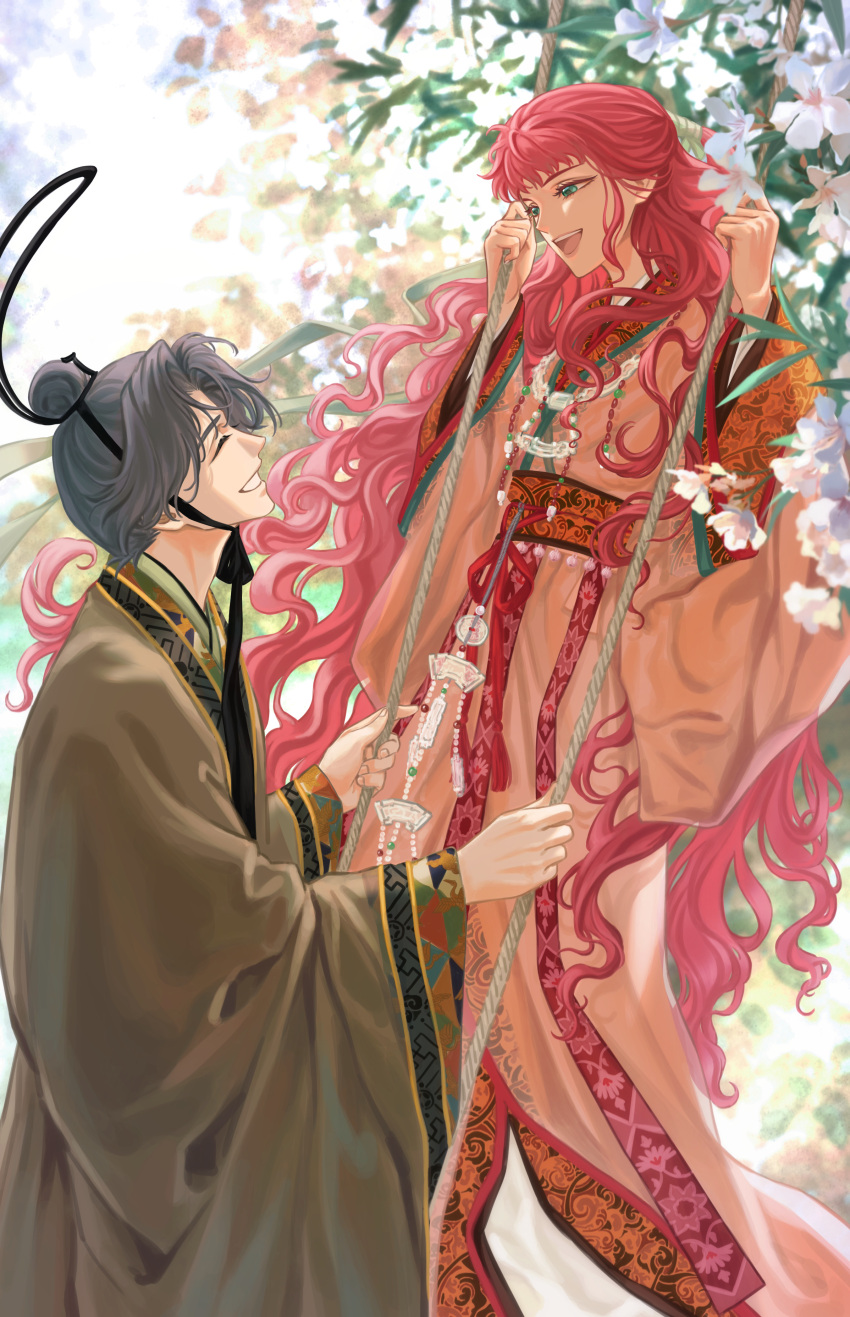 1boy 1girl absurdres bead_necklace beads black_hair chin_strap chinese_clothes day facing_another floating_hair flower from_side green_eyes grey_robe hair_bun half_updo hands_up hanfu happy highres jewelry juuni_kokuki long_hair long_sleeves looking_at_another nakajima_youko nature necklace open_mouth parted_bangs playing profile rakushun_(juuni_kokuki) red_robe redhead robe rope short_hair single_hair_bun standing swing very_long_hair white_flower wide_sleeves xiao_guan_(headdress) yi_(199702090505)