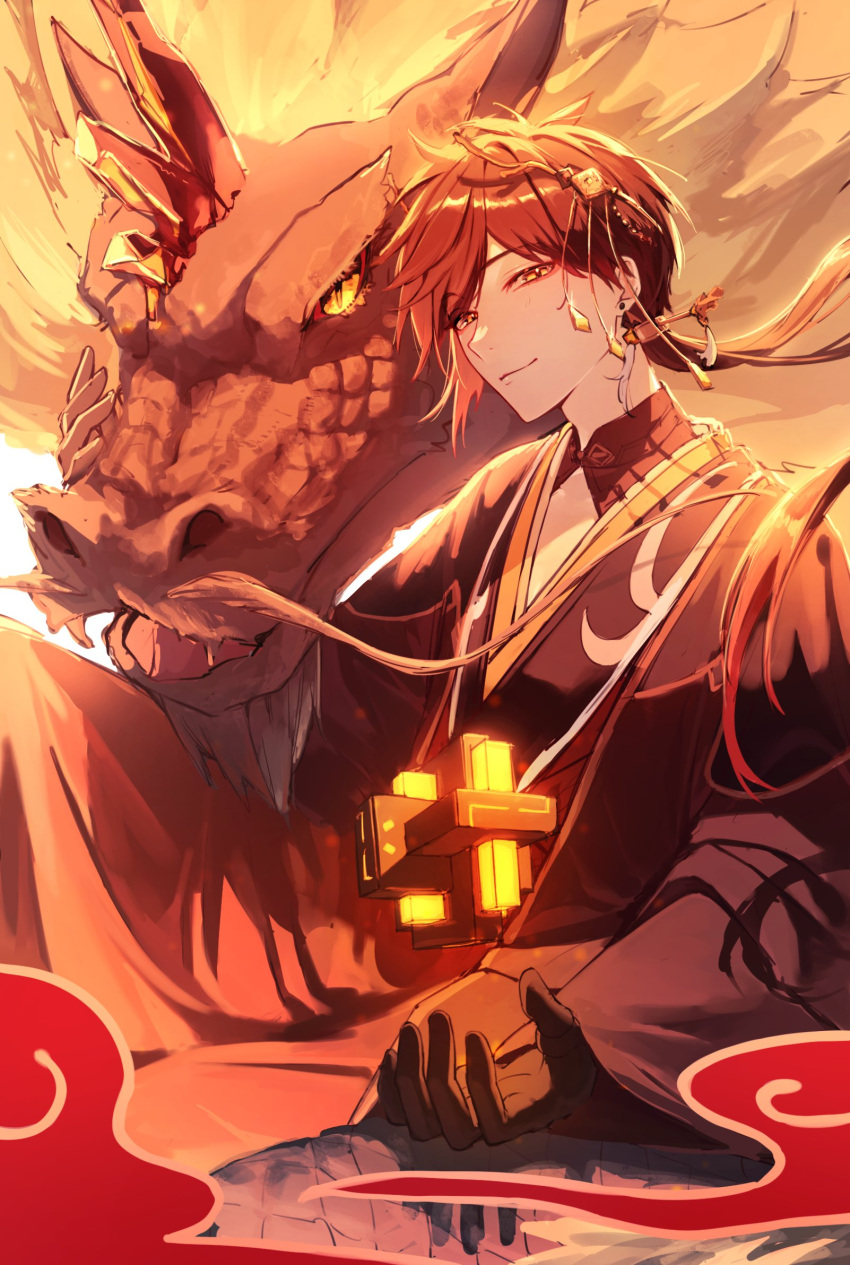 1boy black_gloves brown_hair chinese_clothes closed_mouth dragon earrings fangs gem genshin_impact gloves hair_ornament highres imasaki_kei jewelry long_hair long_sleeves looking_at_viewer male_focus multicolored_hair open_mouth orange_eyes orange_hair ponytail single_earring tassel tassel_earrings wide_sleeves zhongli_(genshin_impact)