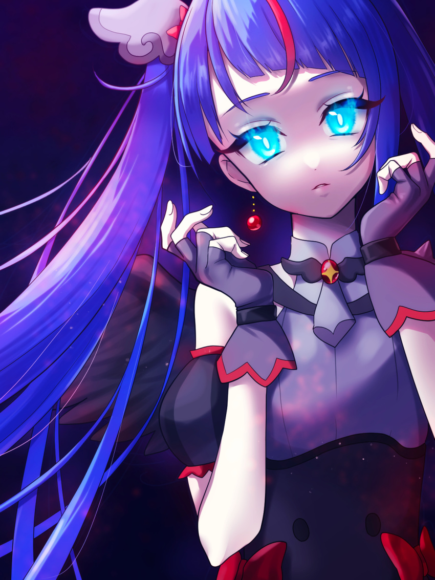1girl ammy_mito black_dress blue_eyes blue_hair bow brooch closed_mouth commentary crazy_eyes cure_sky detached_sleeves dress dress_bow earrings fingerless_gloves gloves glowing glowing_eyes grey_gloves highres hirogaru_sky!_precure jewelry long_hair looking_at_viewer magical_girl multicolored_hair precure puffy_detached_sleeves puffy_sleeves red_bow redhead sleeveless sleeveless_dress solo sora_harewataru streaked_hair twintails very_long_hair wing_brooch wing_hair_ornament