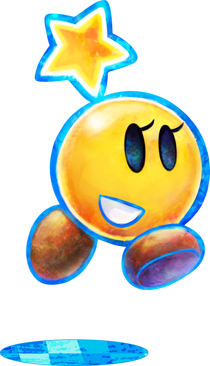 artist_request black_eyes blue_outline brown_footwear colored_skin eyelashes floating highres mario_&amp;_luigi:_dream_team mario_&amp;_luigi_rpg no_humans official_art open_mouth outline shadow shoes smile solid_oval_eyes solo star_(symbol) starlow super_mario_bros. tile_floor tiles transparent_background yellow_skin