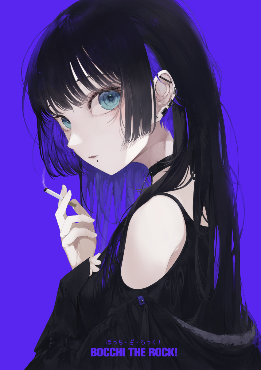 1girl absurdres belt black_choker black_dress black_hair blunt_bangs blush bocchi_the_rock! buttons chin_piercing choker cigarette colored_inner_hair dress ear_piercing green_eyes highres hime_cut holding holding_cigarette jewelry long_hair long_sleeves looking_at_viewer mile_(mil2) multicolored_hair pa-san piercing purple_hair ring simple_background sleeves_past_wrists smoking violet_eyes