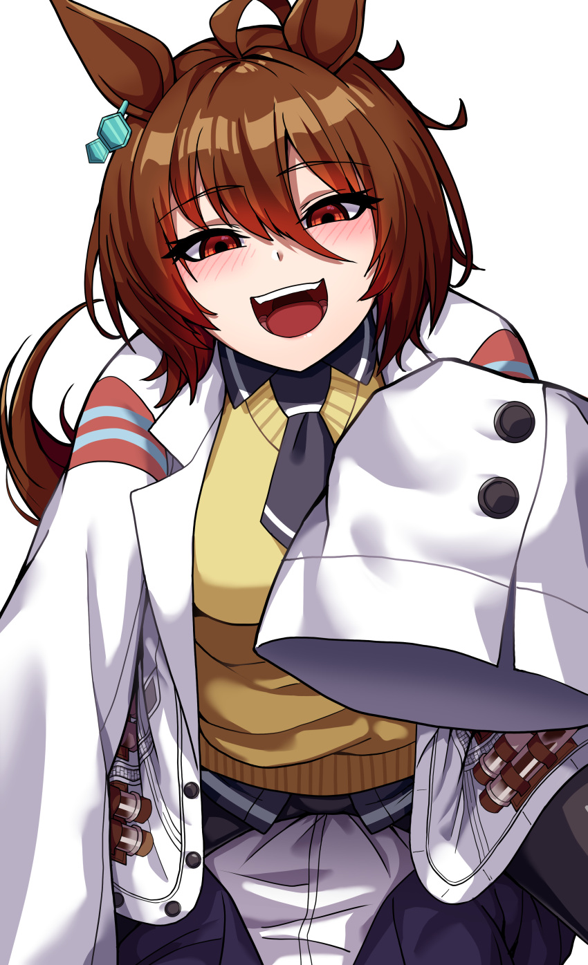 1girl 1other absurdres agnes_tachyon_(umamusume) ahoge animal_ears ao_(user_xcnx5328) black_pantyhose blue_necktie blue_shirt blue_skirt blush brown_hair commentary_request cowboy_shot crazy_eyes crazy_smile dress_shirt earrings half-closed_eyes highres horse_ears horse_girl horse_tail jewelry korean_commentary lab_coat leaning_forward looking_at_viewer miniskirt necktie panties panties_under_pantyhose pantyhose pleated_skirt shirt short_hair simple_background single_earring skirt sleeves_past_fingers sleeves_past_wrists smile spread_legs standing straddling sweater tail umamusume underwear vial white_background yellow_sweater