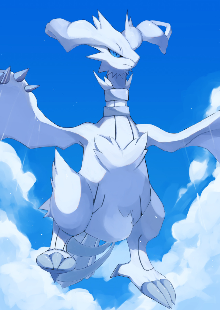 blue_eyes claws closed_mouth clouds commentary day frown highres kou11021301 looking_down no_humans outdoors pokemon pokemon_(creature) reshiram solo symbol-only_commentary white_fur