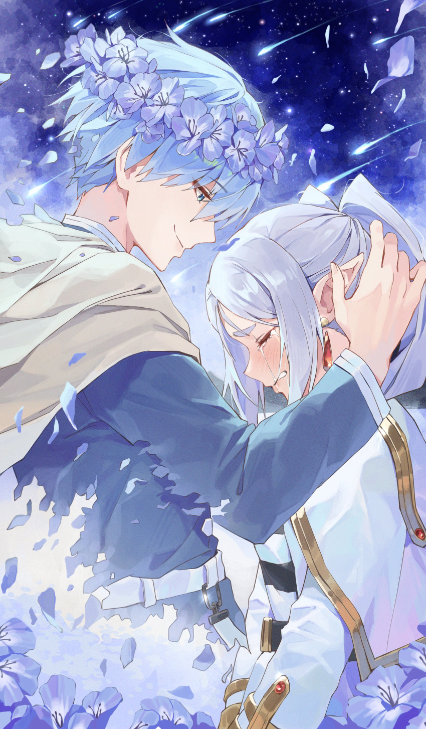 1boy 1girl absurdres belt black_belt blue_hair blue_tunic blush capelet clenched_teeth cloak crying drop_earrings earrings elf falling_petals flower frieren from_side head_wreath highres himmel_(sousou_no_frieren) jewelry looking_down netural petals pointy_ears shooting_star smile sousou_no_frieren tears teeth twintails white_capelet white_hair