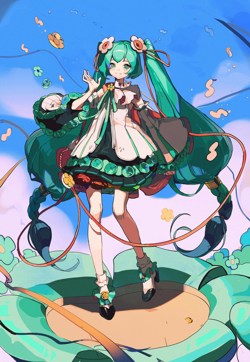 1girl bare_legs bare_shoulders black_footwear black_skirt blue_eyes blue_hair blue_ribbon blue_sky closed_mouth clouds day detached_sleeves floating_hair floating_hair_ornament flower full_body hair_flower hair_ornament hair_ribbon hand_up hatsune_miku highres layered_skirt legs_apart long_bangs long_hair long_sleeves looking_at_viewer low-braided_long_hair magical_mirai_(vocaloid) magical_mirai_miku magical_mirai_miku_(2021) neck_ribbon neonneon321 open_hand outdoors pleated_skirt red_ribbon ribbon shadow shirt shoes sidelocks skirt sky sleeveless sleeveless_shirt smile socks solo standing twintails very_long_hair vocaloid white_flower white_shirt white_sleeves white_socks