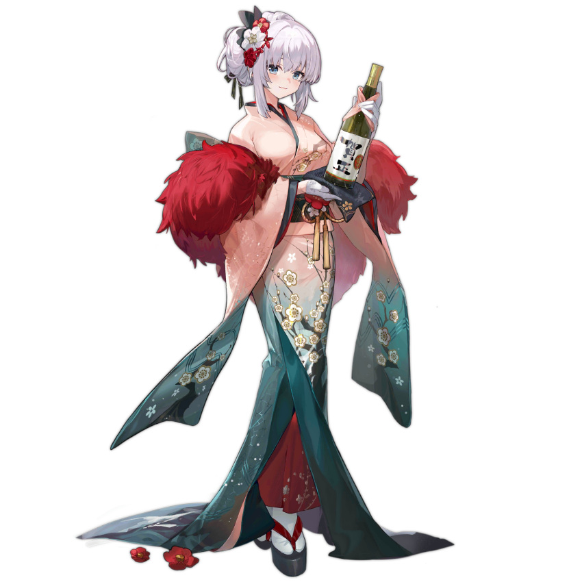 1girl alcohol aqua_kimono black_sash blue_eyes blush bottle breasts closed_mouth feather_boa feathers floral_print floral_print_kimono flower flower_request full_body girls_frontline gloves gradient_kimono hair_flower hair_ornament hair_up half_gloves highres holding holding_bottle japanese_clothes kimono large_breasts light_smile looking_at_viewer obi official_alternate_costume official_art okobo ots-39_(apricot_fantasia)_(girls'_frontline) ots-39_(girls'_frontline) pink_kimono print_kimono red_feathers red_flower sake_bottle sandals sash sidelocks simple_background socks solo standing tabi third-party_source transparent_background white_flower white_gloves white_hair white_socks wumumu