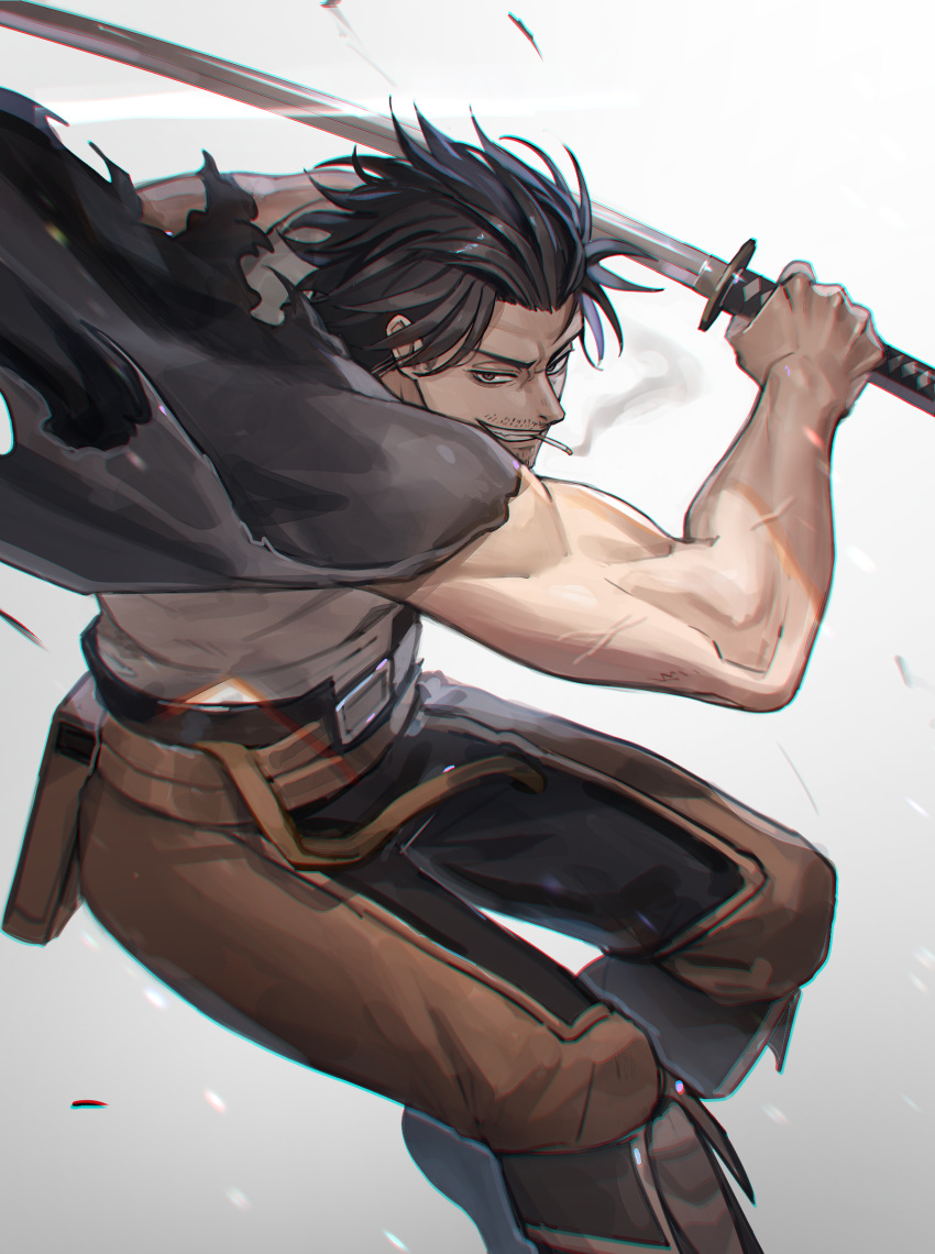 1boy absurdres black_capelet black_clover black_footwear black_hair capelet cigarette facial_hair grey_eyes highres holding holding_sword holding_weapon katana looking_at_viewer male_focus military_vehicle motor_vehicle muscular muscular_male mustache_stubble open_mouth short_hair smile solo stubble sword tank tank_top torn_capelet torn_clothes tsugutoku weapon white_tank_top yami_sukehiro