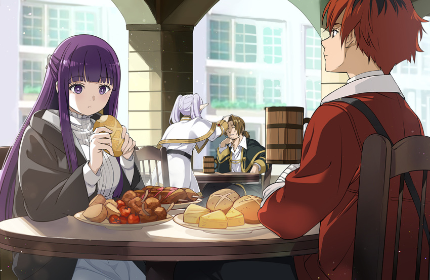 2boys 2girls beer_mug black_coat black_hair blunt_bangs bread brown_hair capelet chair cheese closed_mouth coat collared_shirt cup day dress eating elf expressionless fern_(sousou_no_frieren) food frieren head_rest headpat holding holding_food light_particles long_coat long_hair long_sleeves mug multicolored_hair multiple_boys multiple_girls nyoro_(nyoronyoro000) on_chair open_clothes open_coat outdoors pointy_ears purple_hair red_coat redhead sein_(sousou_no_frieren) shirt short_hair sitting skirt sousou_no_frieren standing stark_(sousou_no_frieren) straight_hair table twintails two-tone_hair very_long_hair violet_eyes white_capelet white_dress white_hair white_shirt white_skirt