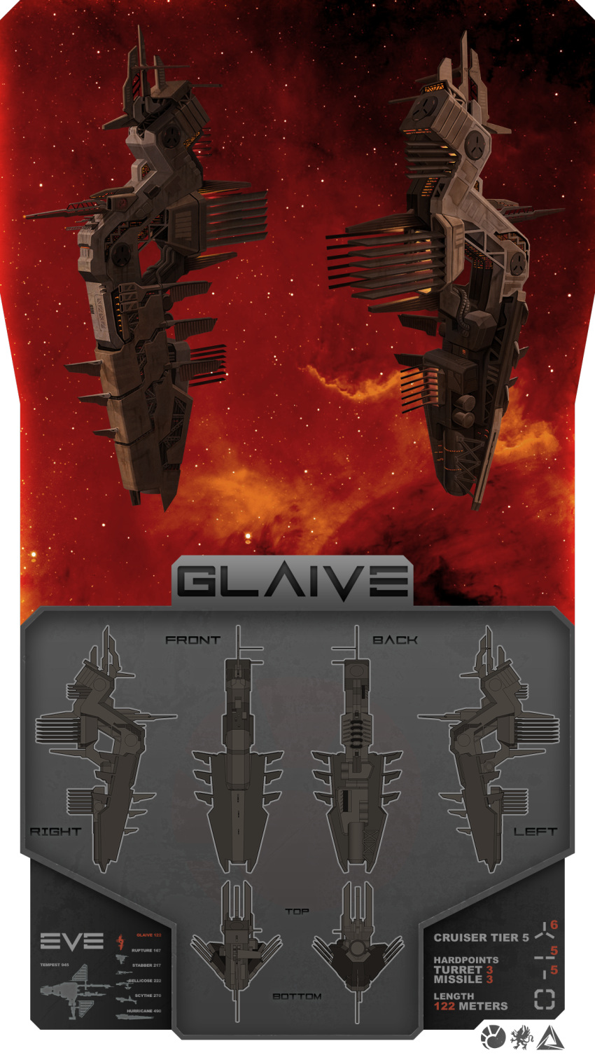 3d advanced_ship_(eve_online) battlecruiser_(eve_online) battleship_(eve_online) bellicose_(eve_online) commentary concept_art cruiser_(eve_online) emblem english_text eve_online from_side glowing highres hurricane_(eve_online) legato895 logo military_vehicle minmatar_republic_(eve_online) multiple_views nebula no_humans original outdoors realistic reference_sheet rupture_(eve_online) science_fiction sky space spacecraft stabber_(eve_online) star_(sky) starry_sky tempest_(eve_online) vehicle_focus