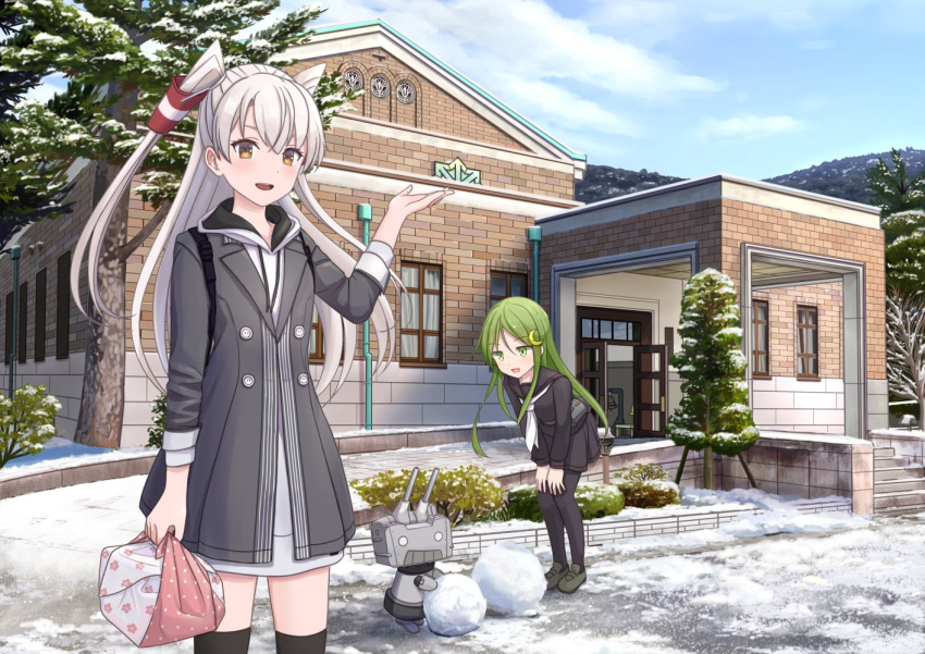 2girls amatsukaze_(kancolle) backpack bag bento black_pantyhose black_serafuku black_thighhighs blue_sky brown_eyes building clouds coat commentary_request cowboy_shot crescent crescent_hair_ornament day dress green_eyes green_hair grey_coat grey_hair hair_ornament hair_tubes hitakikan hooded_dress kantai_collection long_hair looking_at_viewer multiple_girls nagatsuki_(kancolle) neckerchief official_alternate_costume outdoors pantyhose rensouhou-kun scenery school_uniform serafuku sky snow thigh-highs tree two_side_up white_dress white_neckerchief