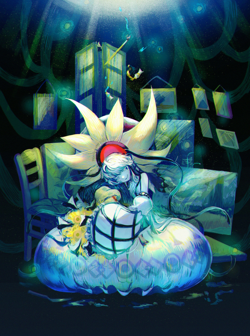1girl absurdres bouquet chair closed_eyes closed_mouth colored_skin dark_background detached_sleeves dress fate/grand_order fate_(series) flower full_body highres hugging_object nekohai_darake paint_tube paintbrush painting_(object) puffy_dress smile solo starry_night_(van_gogh) sunflower sunlight underwater van_gogh_(fate) van_gogh_(third_ascension)_(fate) white_dress white_hair white_skin wooden_chair