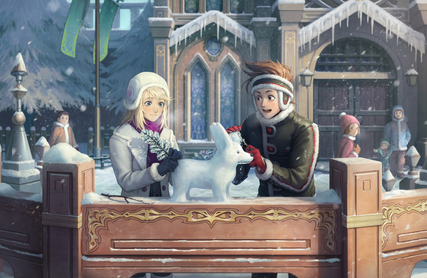 1girl beanie black_coat blonde_hair blue_eyes brown_eyes brown_hair church coat gloves hat highres ice kazuko_(towa) lloyd_irving mithos_yggdrasill multiple_boys open_mouth purple_scarf red_gloves scarf smile snow snow_on_tree snow_sculpture snowing stalactite tales_of_(series) tales_of_symphonia tree white_coat wide-eyed winter winter_clothes winter_coat