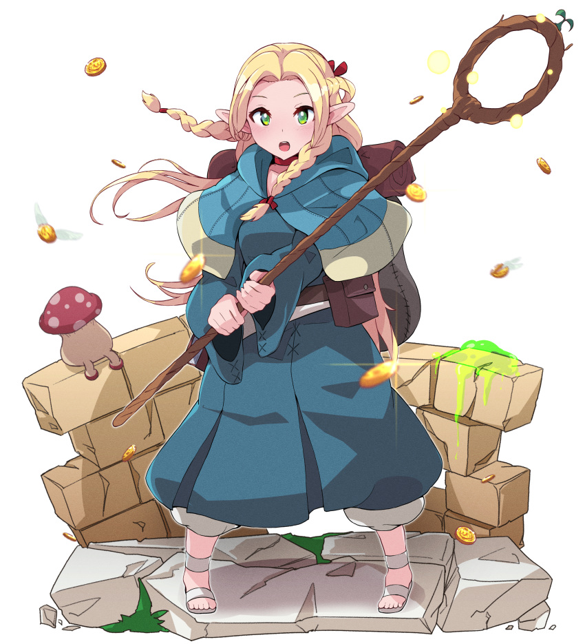 1girl absurdres backpack bag belt_pouch blonde_hair blue_capelet blue_robe braid breasts brick_wall bug capelet choker coin commentary dungeon_meshi elf fighting_stance floating_hair french_braid fukkatsu_saisei_kaijin glint grass green_eyes highres holding holding_staff hood hood_down hooded_capelet legs_apart long_hair long_sleeves looking_at_viewer marcille_donato motion_blur multiple_braids mushroom open_mouth pants parted_bangs pigeon-toed pointy_ears pouch robe sandals side_braid sitting slime_(creature) sprout staff walking_mushroom_(dungeon_meshi) white_background white_pants