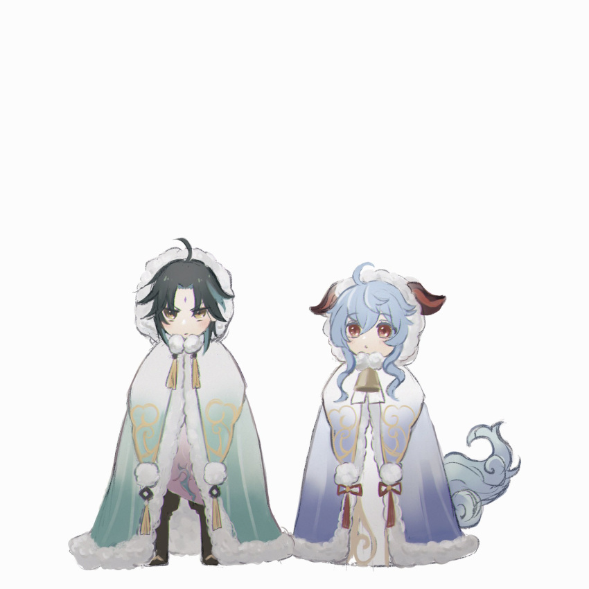1boy 1girl aged_down ahoge alternate_costume bell black_gloves blue_hair cape child cowbell facial_mark forehead_mark fur-trimmed_cape fur-trimmed_headwear fur-trimmed_hood fur_trim ganyu_(child)_(genshin_impact) ganyu_(genshin_impact) genshin_impact gloves goat_horns green_hair hair_between_eyes highres hood hood_up horns neck_bell official_alternate_costume sidelocks tail violet_eyes winter_clothes xiao_(genshin_impact) yellow_eyes yumemi_gachiko