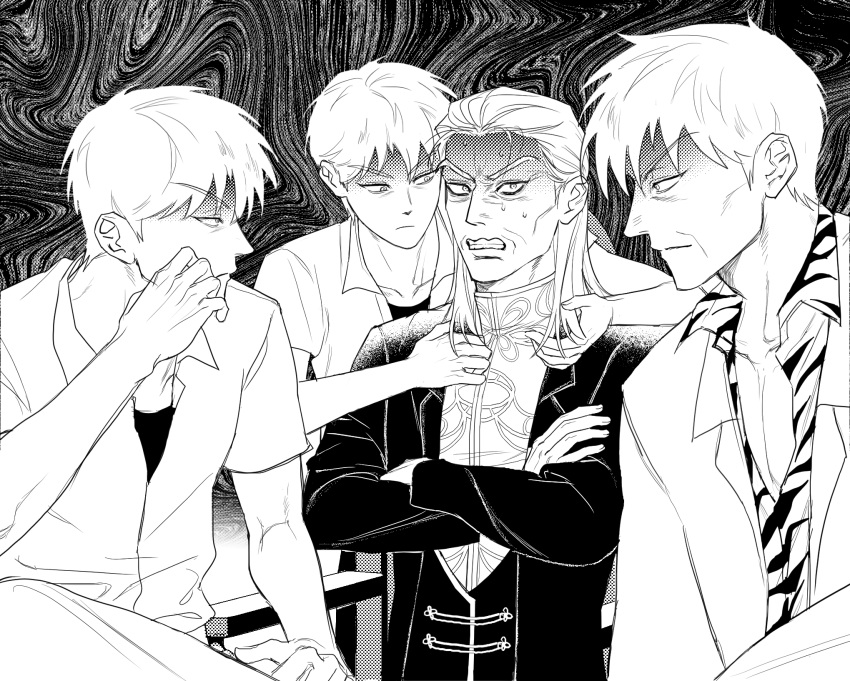 4boys abstract_background akagi:_yami_ni_oritatta_tensai akagi_shigeru angry animal_print blazer clenched_teeth closed_mouth collared_shirt commentary_request crossed_arms frown fukumoto_mahjong greyscale hair_slicked_back highres jacket korean_commentary long_hair looking_at_another male_focus mandarin_collar medium_bangs monochrome multiple_boys multiple_persona old old_man print_shirt shirt short_hair short_sleeves syagsyagi teeth ten_(manga) tiger_print upper_body v-shaped_eyebrows