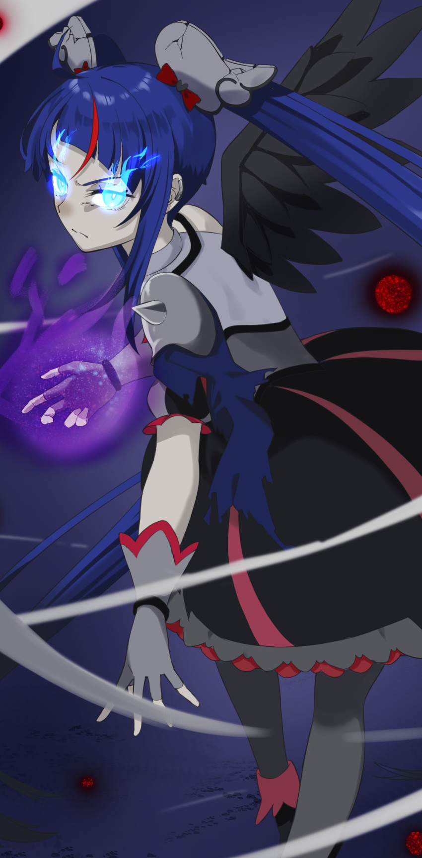 1girl absurdres ankle_boots armor black_dress black_footwear black_wings blue_eyes blue_hair boots closed_mouth cure_sky cut_bangs dress earclip feathered_wings fingerless_gloves frown gloves glowing glowing_eye glowing_fist grey_gloves grey_thighhighs highres hirogaru_sky!_precure jewelry long_hair looking_at_viewer magical_girl medium_dress mu-chu multicolored_hair pauldrons precure redhead short_sleeves shoulder_armor single_pauldron single_wing solo sora_harewataru spiked_pauldrons standing streaked_hair thigh-highs twintails very_long_hair wing_hair_ornament wings