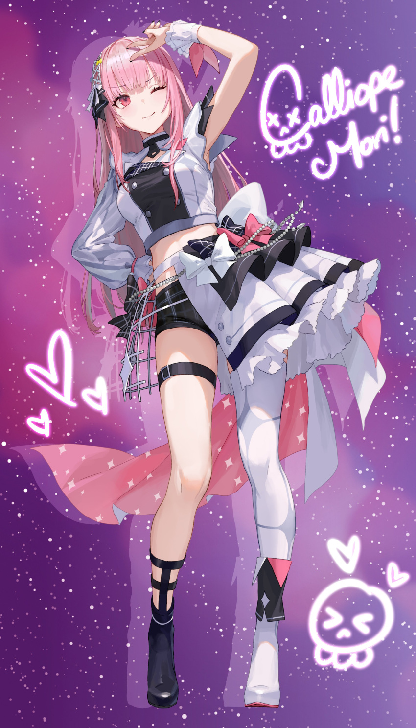 1girl absurdres asymmetrical_footwear asymmetrical_legwear boots character_name character_signature hair_ribbon hand_on_own_hip heart highres hololive hololive_english hololive_idol_uniform_(bright) leg_belt long_hair matsuo_shogo midriff mori_calliope official_alternate_costume official_art one_eye_closed pink_eyes pink_hair purple_background red_eyes ribbon signature single_thighhigh skull solo star_(sky) starry_background thigh-highs v virtual_youtuber