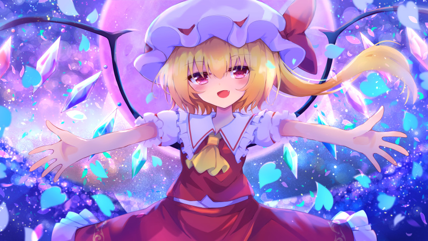 1girl absurdres ascot blue_background blush collared_shirt cowboy_shot crystal flandre_scarlet frilled_shirt_collar frilled_skirt frills full_moon gradient_background hair_between_eyes hat head_tilt highres medium_hair mob_cap moon multicolored_wings one_side_up outdoors outstretched_arms puffy_short_sleeves puffy_sleeves purple_background red_eyes red_moon red_ribbon red_skirt red_vest ribbon ribbon-trimmed_headwear ribbon_trim shirt short_sleeves skirt skirt_set sleeve_ribbon solo tomoe_(fdhs5855) touhou vest white_headwear white_shirt wings yellow_ascot