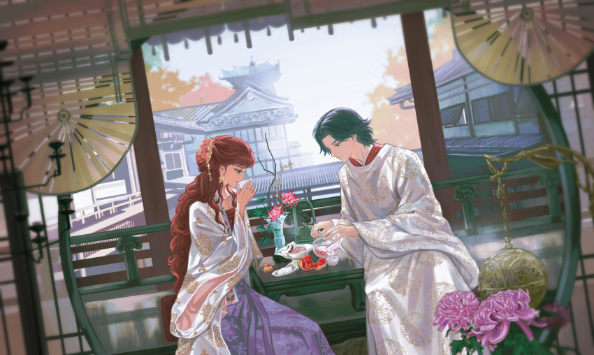 1boy 1girl absurdres architecture bamboo_screen black_hair censer chinese_clothes chrysanthemum couch cup day dutch_angle east_asian_architecture feet_out_of_frame flat_chest flower food fruit glass_teapot hair_ornament half_updo hand_up hanfu highres holding holding_cup juuni_kokuki long_hair long_sleeves looking_down moon_gate nakajima_youko parted_bangs plate pomegranate pouring profile purple_flower railing rakushun_(juuni_kokuki) red_flower redhead short_hair sitting smoke steam sweets table tea tea_party teapot vase very_long_hair wavy_hair wide_sleeves yi_(199702090505)