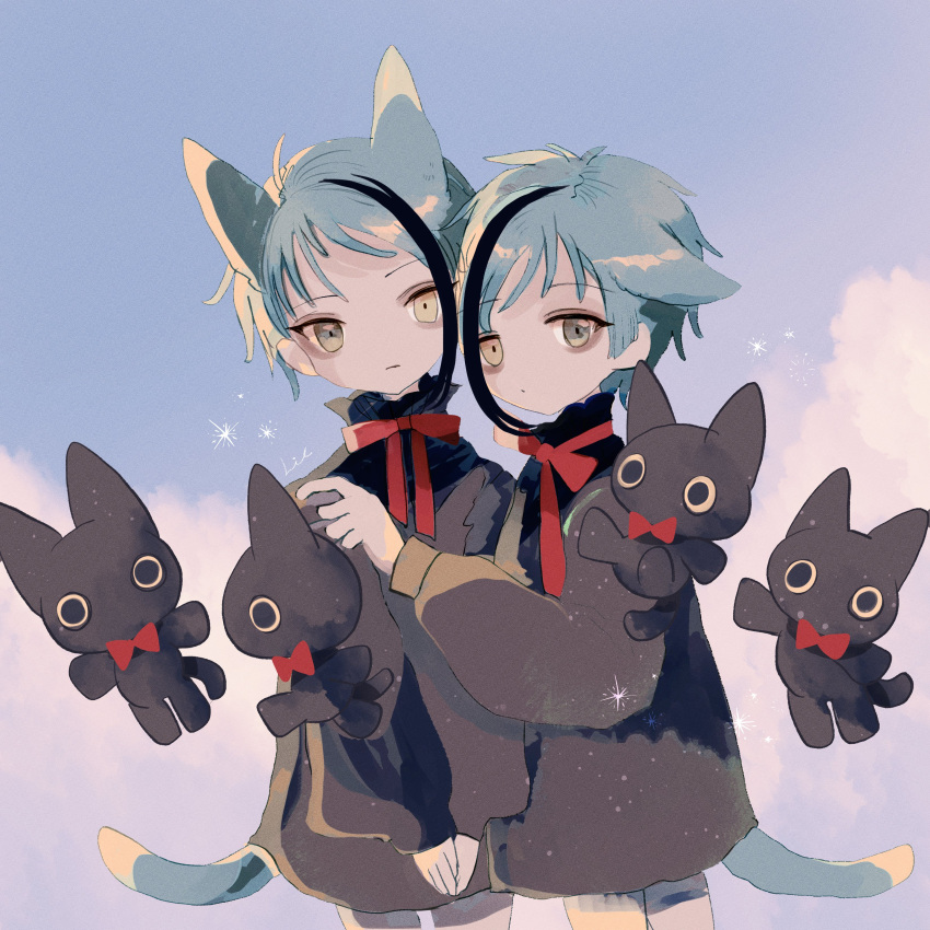 2boys absurdres aged_down animal animal_ears black_eyes black_hair black_shirt blouse blue_hair blue_sky brothers cat cat_boy cat_ears cat_tail character_request child clothes_grab clouds cloudy_sky colored_sclera commentary dot_mouth expressionless floating floyd_leech grey_eyes hand_on_another's_shoulder heterochromia highres hug jade_leech li04r looking_at_viewer male_focus multicolored_hair multiple_boys necktie no_pants outdoors own_hands_together red_necktie red_ribbon ribbon shirt short_hair siblings sky sparkle streaked_hair tail twins twisted_wonderland upper_body yellow_eyes yellow_sclera