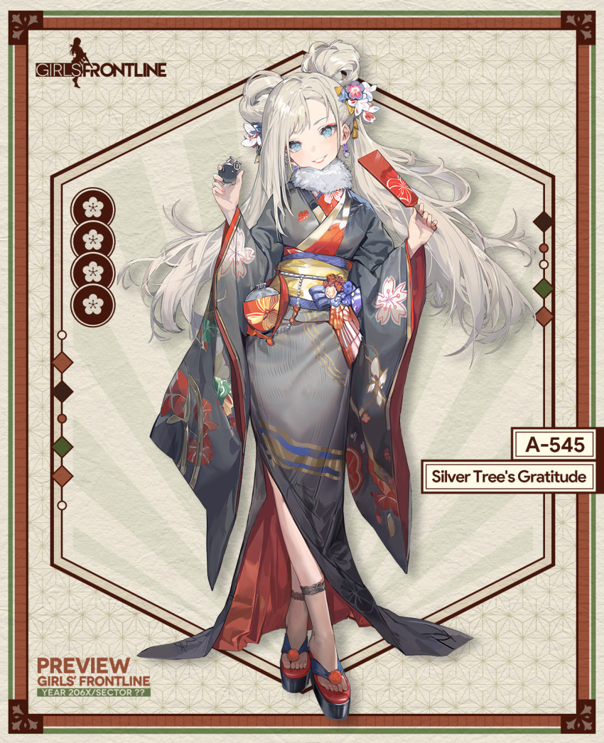 1girl a-545_(girls'_frontline) a-545_(silver_tree's_gratitude)_(girls'_frontline) blue_eyes blue_flower blue_sash bottle canteen character_name copyright_name double_bun earrings explosive feet fingernails floral_print_kimono flower flower_request full_body fur_collar girls_frontline grenade grey_kimono hagoita hair_bun hair_flower hair_ornament highres holding holding_bottle japanese_clothes jewelry kimono lace-trimmed_socks lipstick long_hair long_sleeves looking_at_viewer makeup messikid multicolored_flower obi official_alternate_costume official_art okobo paddle pink_flower pink_nails red_flower sandals sash second-party_source see-through_socks solo standing toes very_long_hair white_flower white_hair wide_sleeves yellow_sash