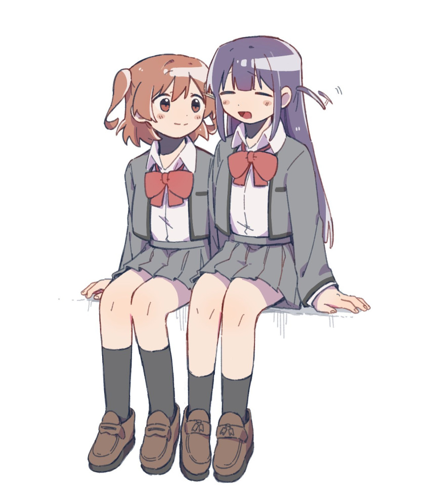 2girls =_= afterimage aijou_karen arms_at_sides black_socks blunt_bangs blush bow bowtie breast_pocket brown_eyes brown_footwear brown_hair closed_eyes closed_mouth collared_shirt crown_hair_ornament expressive_hair full_body grey_skirt hair_ornament hairclip highres jacket kneehighs loafers long_hair long_sleeves looking_at_another looking_to_the_side miniskirt motion_lines multiple_girls open_clothes open_jacket open_mouth pleated_skirt pocket purple_hair raised_eyebrows red_bow red_bowtie rei931218 school_uniform seishou_music_academy_uniform shirt shirt_tucked_in shoes short_hair shoujo_kageki_revue_starlight side-by-side sidelocks simple_background sitting skirt smile socks tsuyuzaki_mahiru two_side_up white_background white_shirt