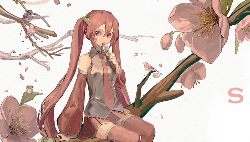 1girl bare_shoulders bird cherry_blossoms cherry_hair_ornament collared_shirt dango detached_sleeves eating falling_petals feet_out_of_frame food food-themed_hair_ornament frilled_shirt frills green_tea hair_between_eyes hair_ornament hatsune_miku highres holding holding_food long_hair long_sleeves miniskirt necktie neonneon321 on_branch petals pink_eyes pink_hair pink_necktie pink_skirt pink_sleeves pink_thighhighs pleated_skirt sakura_miku shirt sidelocks simple_background sitting skirt sleeveless sleeveless_shirt solo tea thigh-highs tree twintails very_long_hair vocaloid wagashi white_background white_shirt zettai_ryouiki