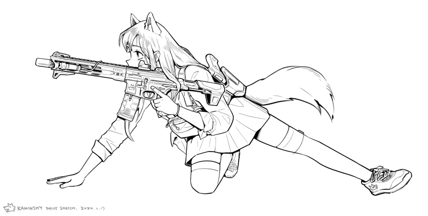 1girl absurdres animal_ears arm_support aura bracelet dated full_body greyscale gun hair_ornament hand_on_ground hand_up handgun highres holster holstered index_finger_raised jewelry kaminskyw load_bearing_vest long_hair long_sleeves miniskirt monochrome on_one_knee original outstretched_leg profile shoes shoulder_holster simple_background skirt sleeves_rolled_up sneakers solo tail thigh-highs trigger_discipline weapon weapon_request