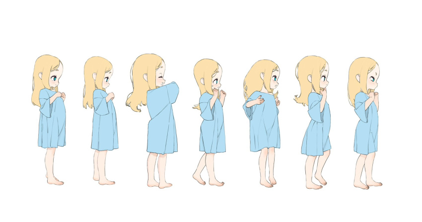 1girl barefoot blonde_hair blue_dress blue_eyes child closed_eyes dress forehead from_side full_body hands_on_own_chest highres long_hair multiple_views open_mouth original own_hands_together ryo_chimo simple_background smile white_background