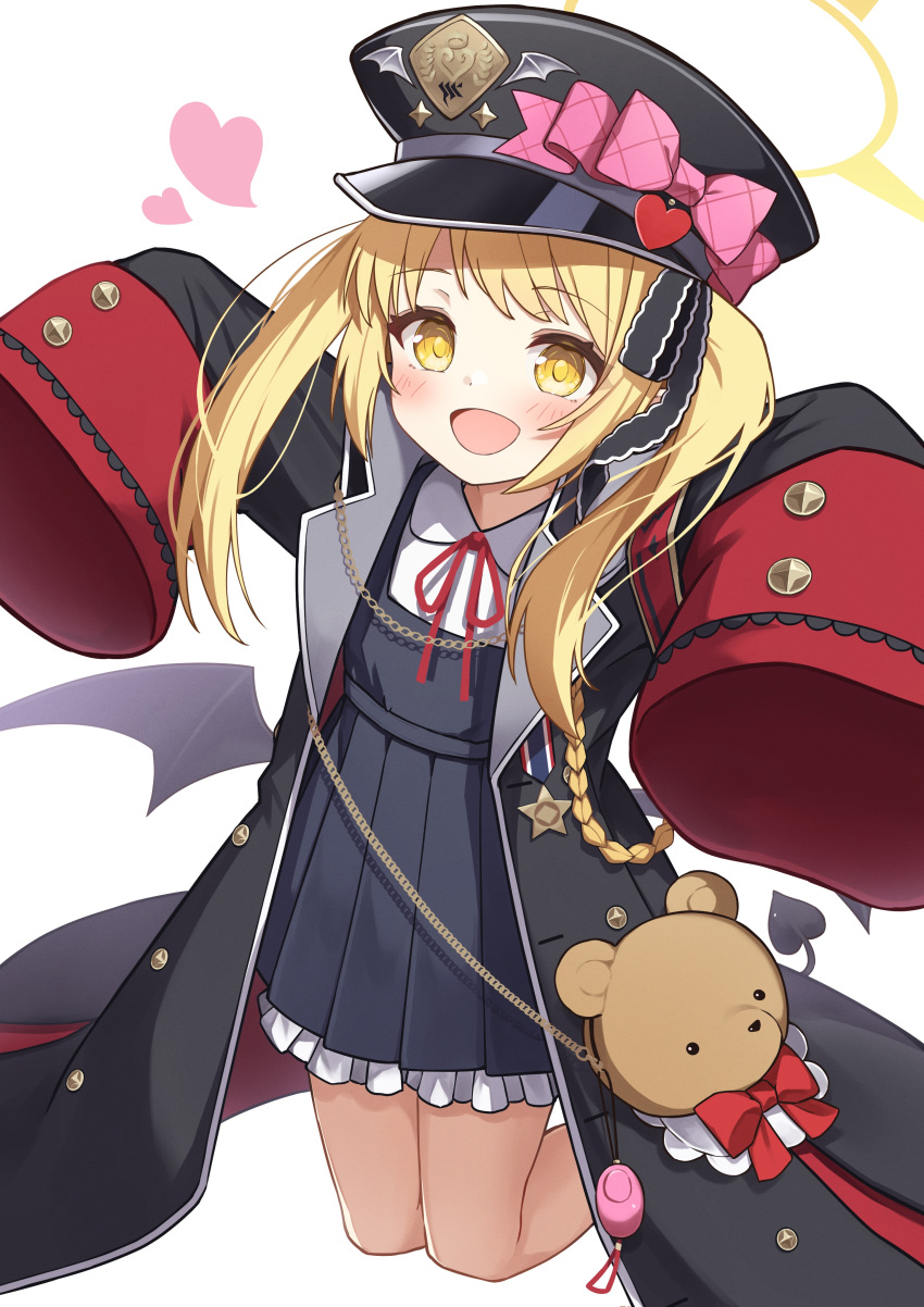 1girl :d absurdres armband black_coat black_headwear black_tail black_wings blonde_hair bloomers blue_archive bow coat commentary crime_prevention_buzzer demon_tail demon_wings hair_ribbon halo hat hat_bow heart highres ibuki_(blue_archive) long_hair long_sleeves looking_at_viewer low_wings midair open_clothes open_coat open_mouth peaked_cap red_armband ribbon simple_background sleeves_past_fingers sleeves_past_wrists smile solo tail toki_kimagure white_background white_bloomers wings yellow_eyes yellow_halo